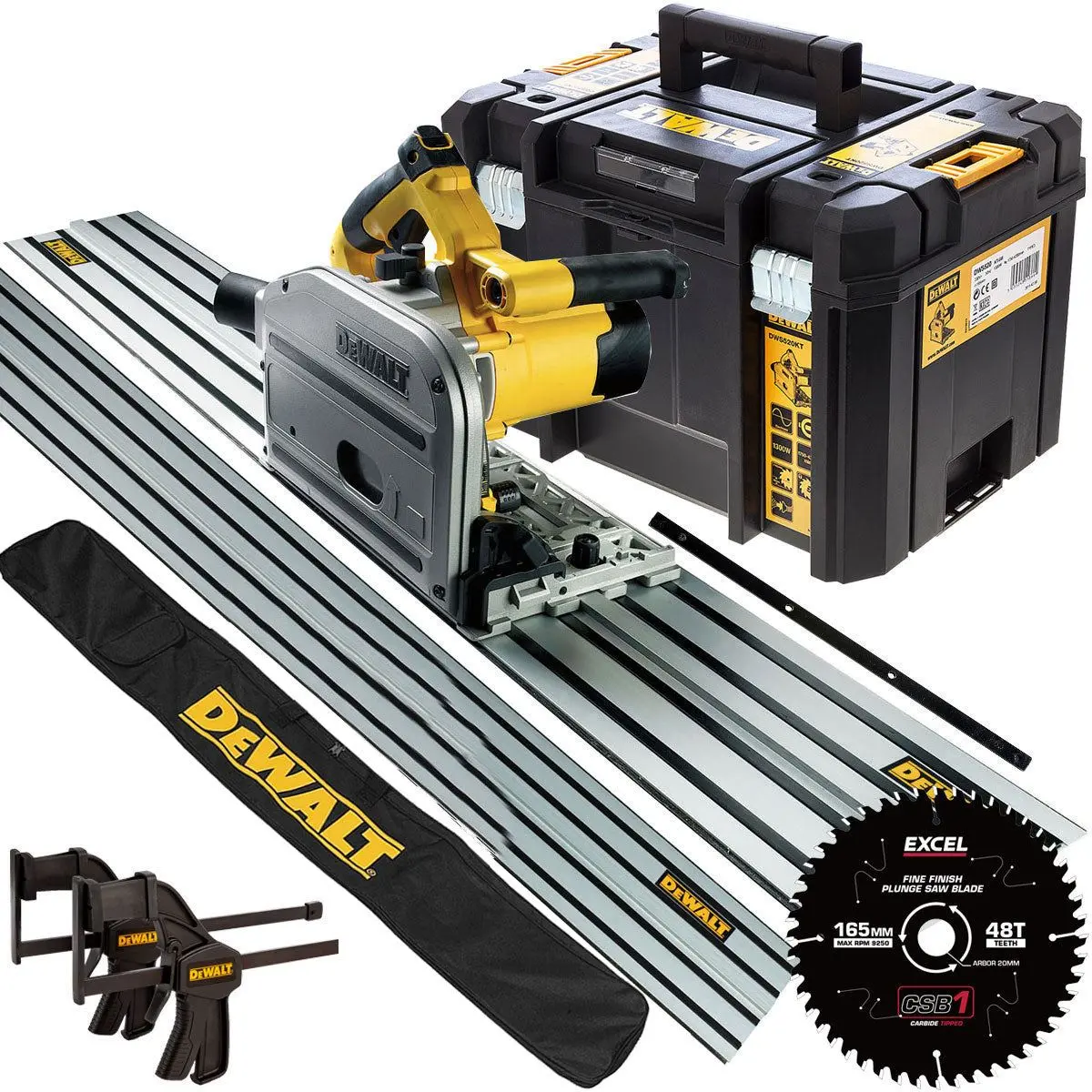 Dewalt Dws520ktl 110V Plunge Saw + 2 X 1.5M Guide Rails Connector Clamps With Blade & Bag 1