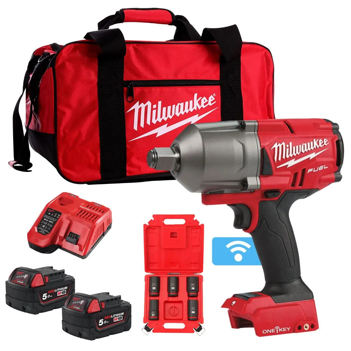 Milwaukee M18onefhiwf34-502B 18V Fuel 3/4" Impact Wrench With 2 X 5.0Ah Battery Charger & 3/4" Socket Set 1