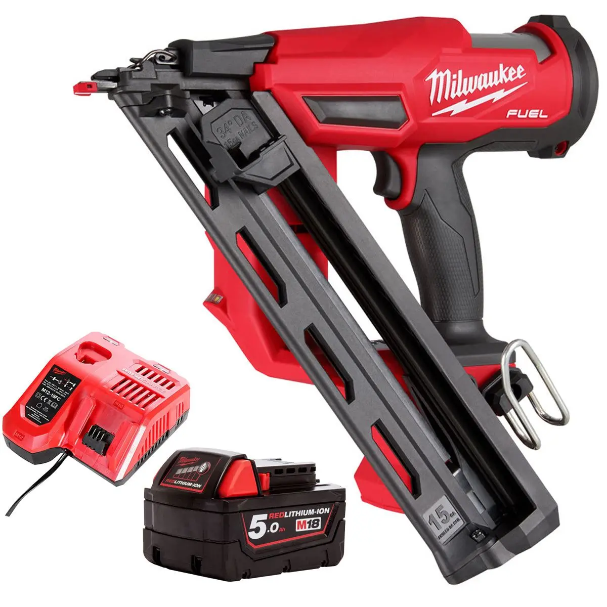 Milwaukee M18fn15ga-0 18V Brushless Angled Finish Nailer With 1 X 5.0Ah Battery & Charger 1