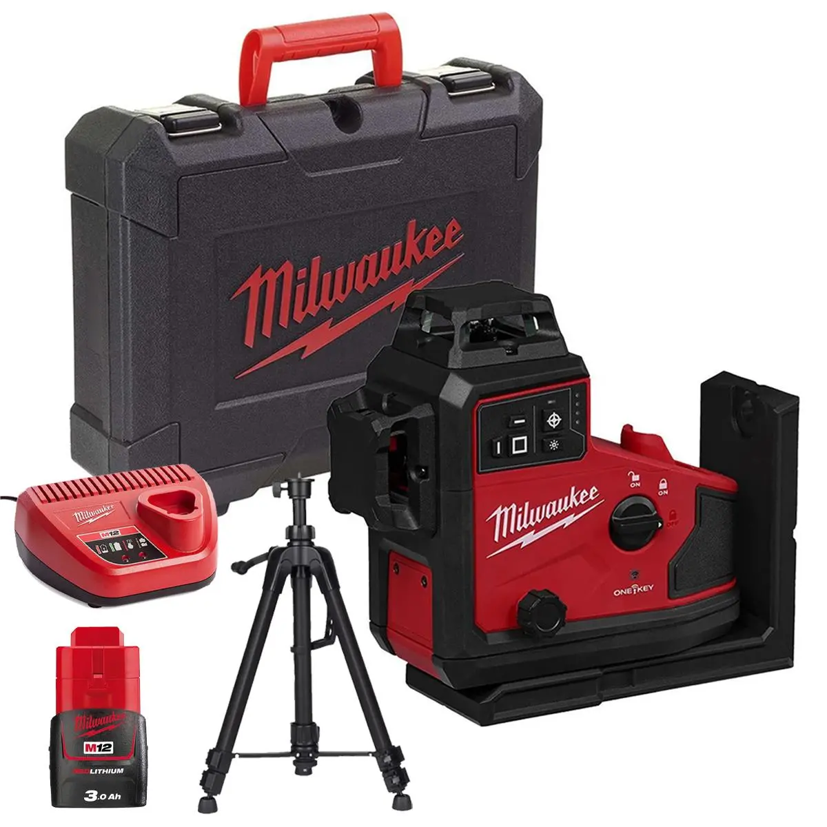 Milwaukee M12a3plo-0C 12V M12 Green Auto Alignment 360° 3 Plane Laser With 1 X 3.0Ah Battery Charger Case & Laser Tripod 1