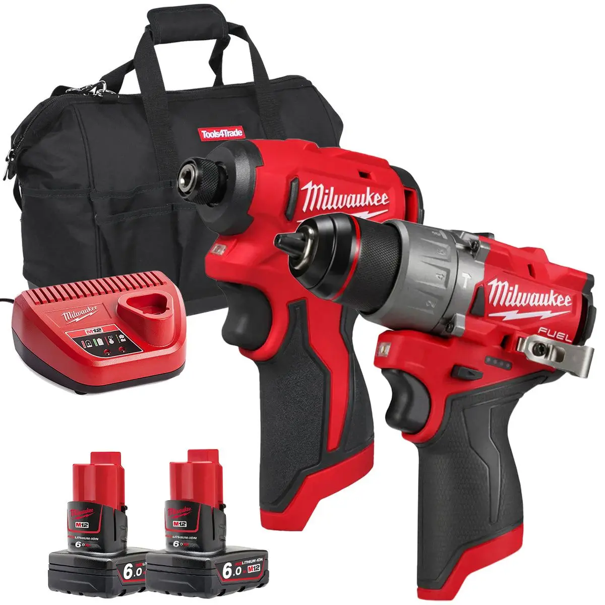 Milwaukee 12V Brushless Combi Drill + Impact Driver Twin Kit With 2 X 6.0Ah Battery Charger & Bag 1