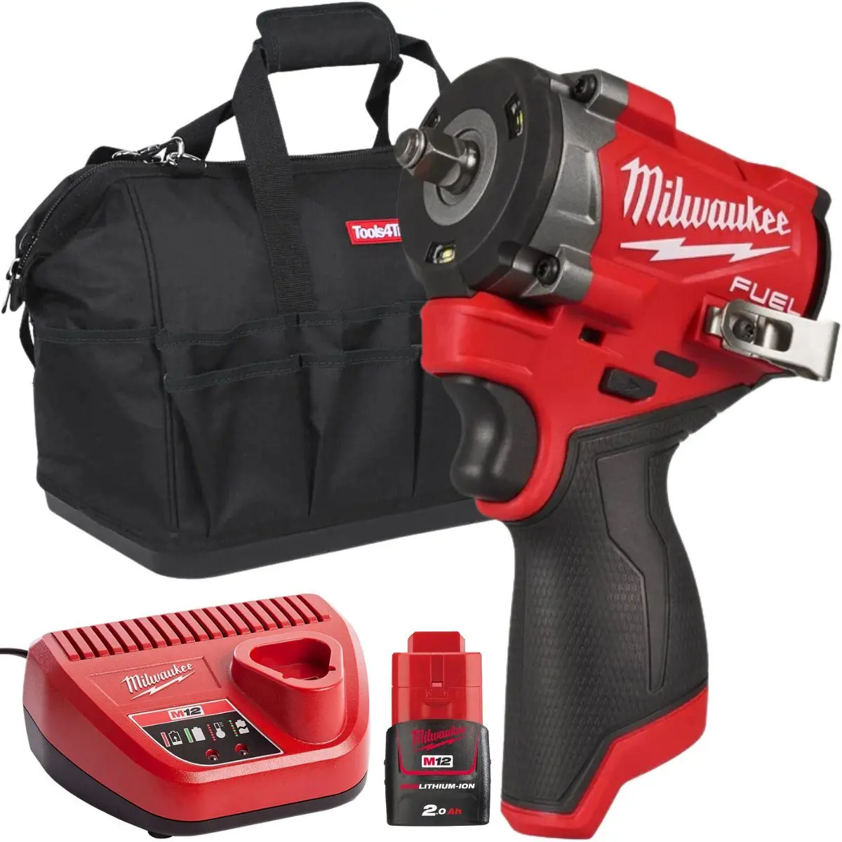 Milwaukee M12fciwf38g3-0 12V M12 Fuel Brushless 3/8" Impact Wrench With 1 X 2.0Ah Battery Charger & Bag 1