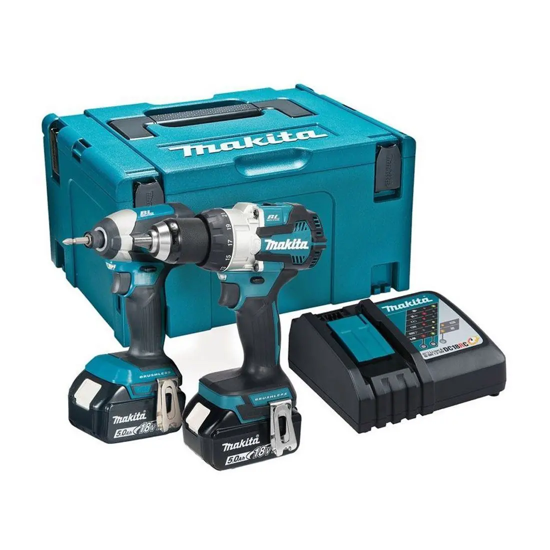 Makita Dlx2507tj 18V Brushless Twin Pack Combi Drill & Impact Driver With 2 X 5.0Ah Batteries Charger & Case 1