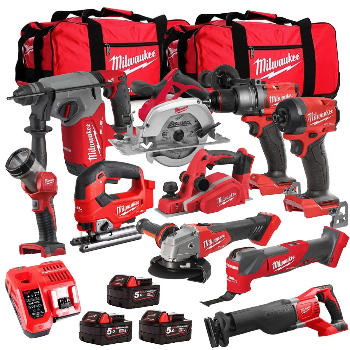 Milwaukee M18fpp6l3-503Bk24 18V 10 Piece Tool Kit With 3 X 5.0Ah Batteries Charger & Wheeled Bag 1