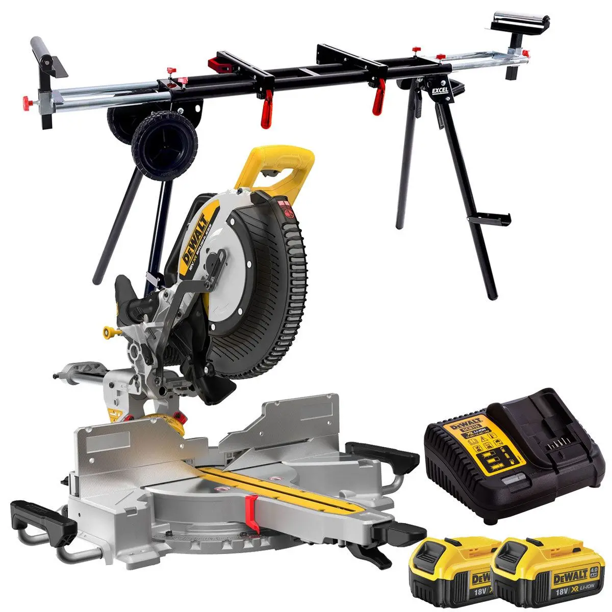 Dewalt Dcs782n-Xj 18V Xr Brushless Mitre Saw With 2 X 4.0Ah Battery Charger & Universal Leg Stand 1