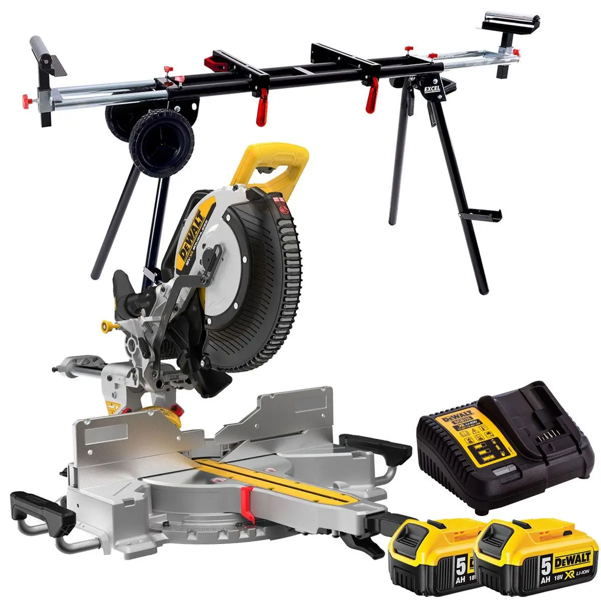 Dewalt Dcs782n-Xj 18V Xr Brushless Mitre Saw With 2 X 5.0Ah Battery Charger & Universal Leg Stand 1