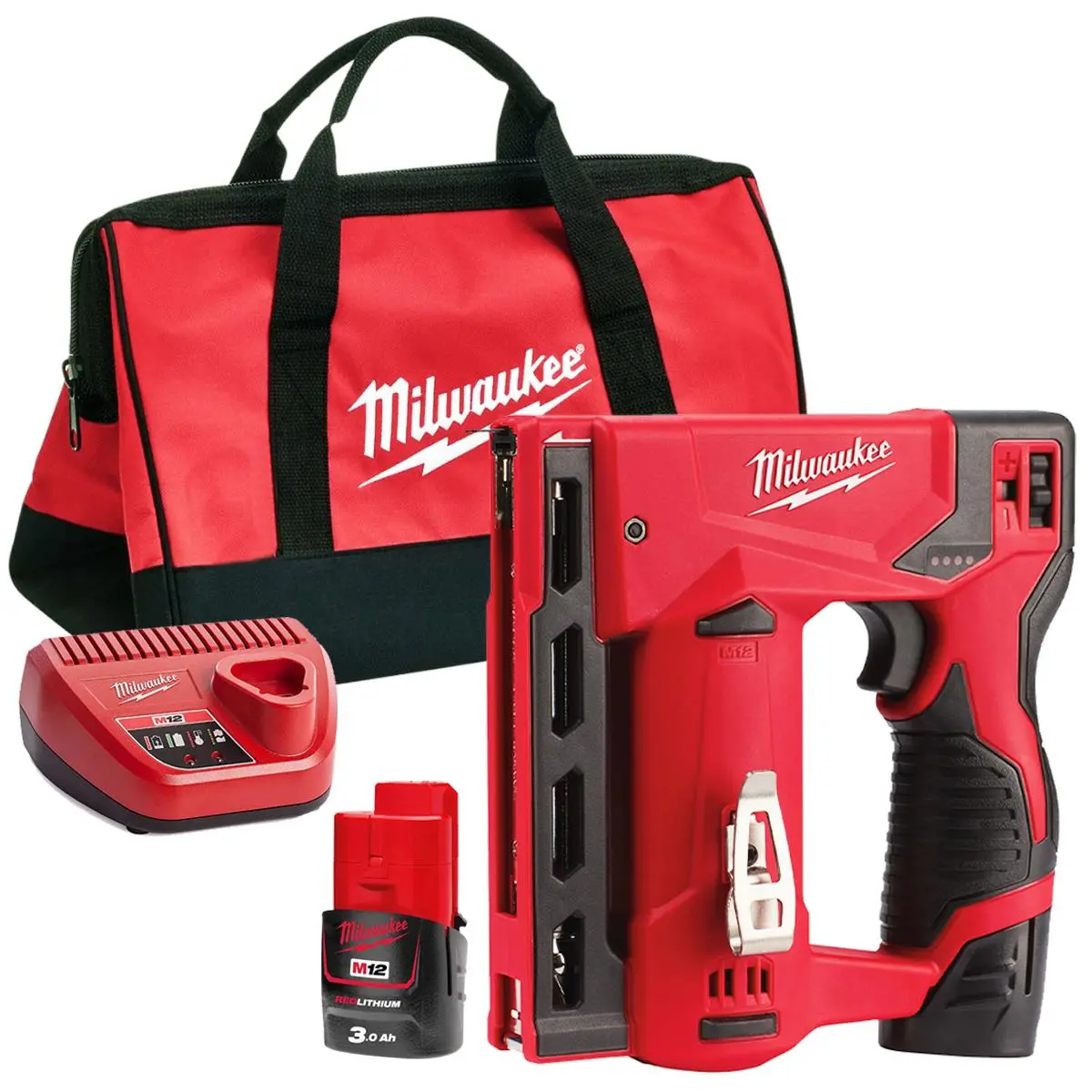 Milwaukee M12bst-0 12V Sub Compact Second Fix Stapler With 1 X 3.0Ah Battery Charger & Bag 1