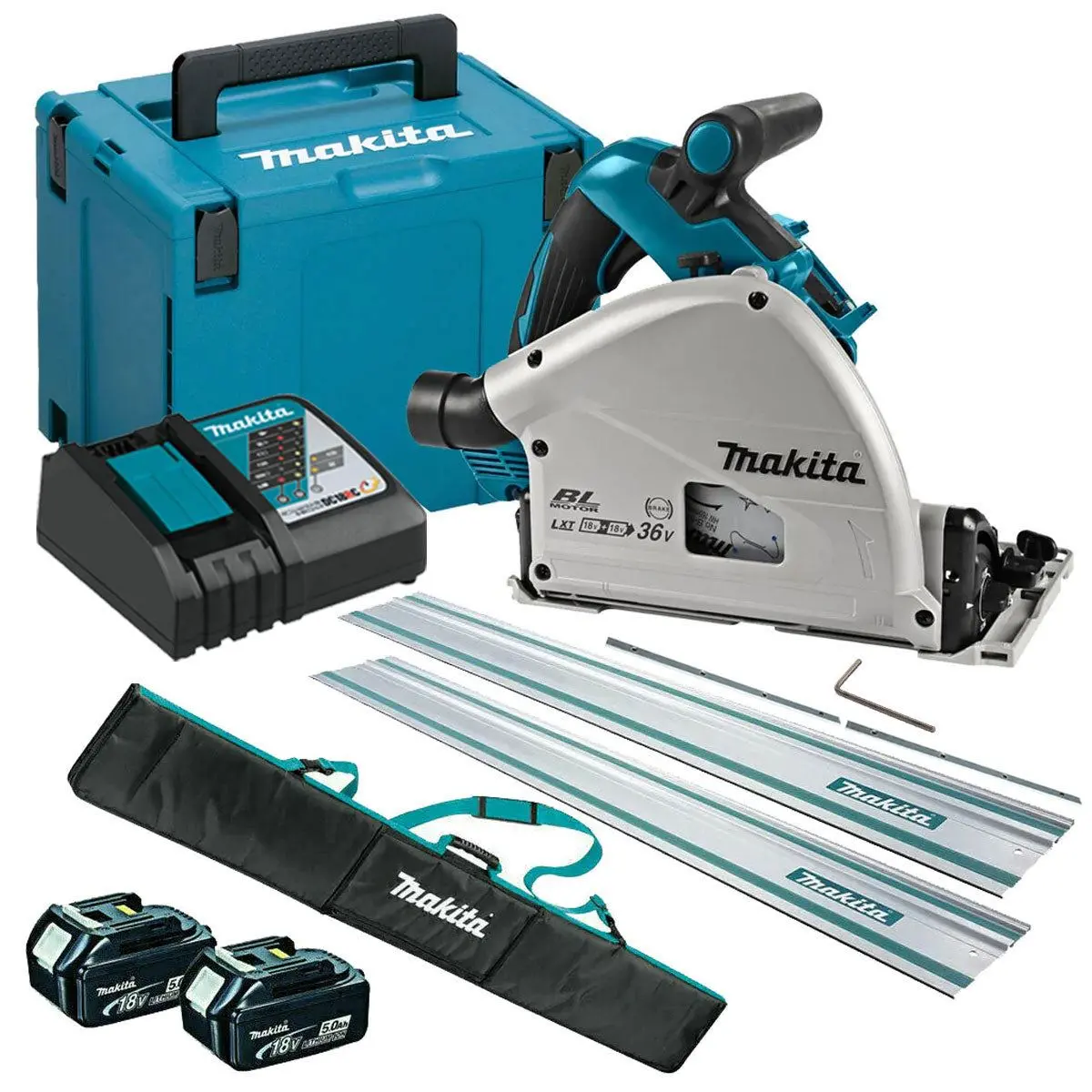Makita Dsp601zju 36V Brushless Aws Plunge Saw With 2 X 5.0Ah Battery & Charger + Accessories 1