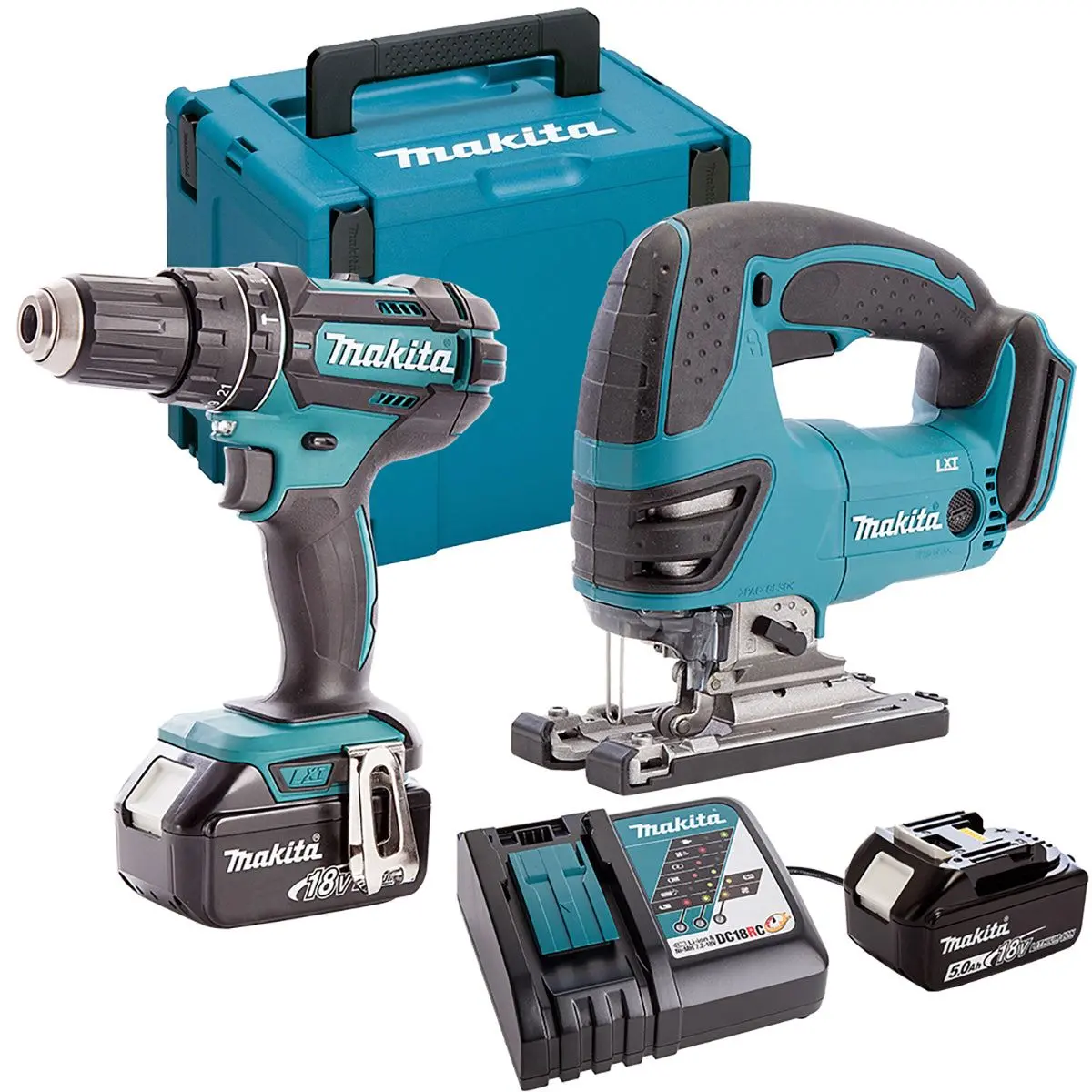 Makita Dlx2134tj 18V Lxt Combi Drill & Jigsaw Combo Kit With 2 X 5.0Ah Batteries, Charger & Case 1