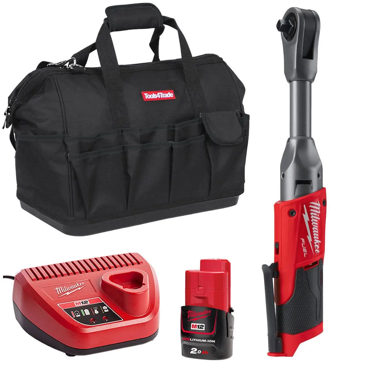 Milwaukee M12fir38lr-0 12V Fuel Brushless Long Reach 3/8In Ratchet With 1 X 2.0Ah Battery & Charger In Bag 1