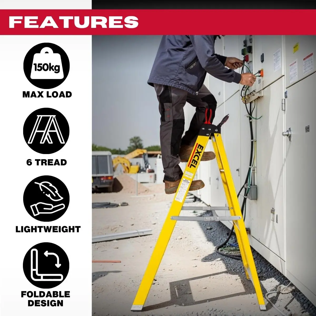 Excel Electricians Fibreglass Step Ladder 6 Tread 1.44M Heavy Duty 2