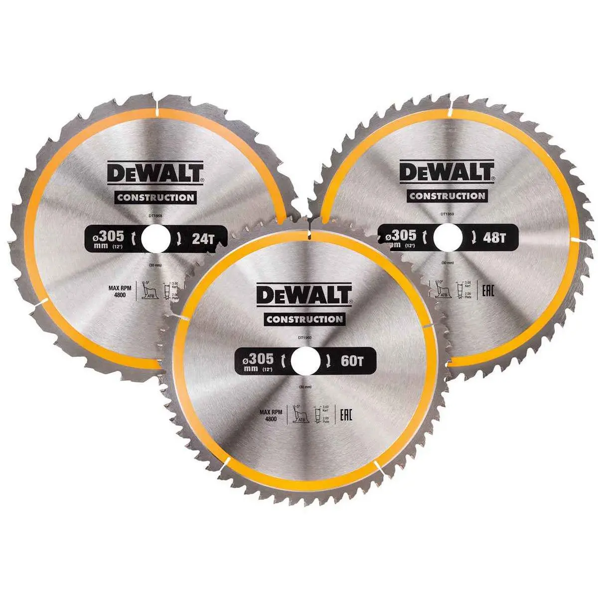Dewalt Dt1964qz 3-Pack Construction Circular Saw Blades 305Mm X 30Mm With 24T, 48T & 60T Options 1