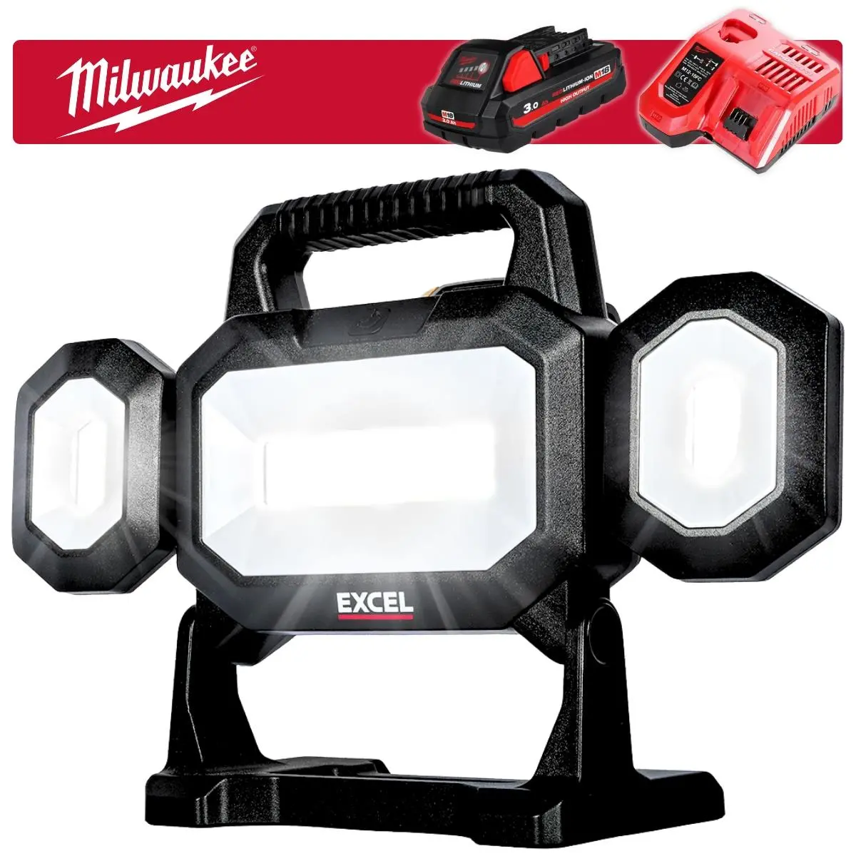 Excel 18V Led Work Light 5000 Lumens With Milwaukee 1 X 3.0Ah High Output Battery & Charger 1