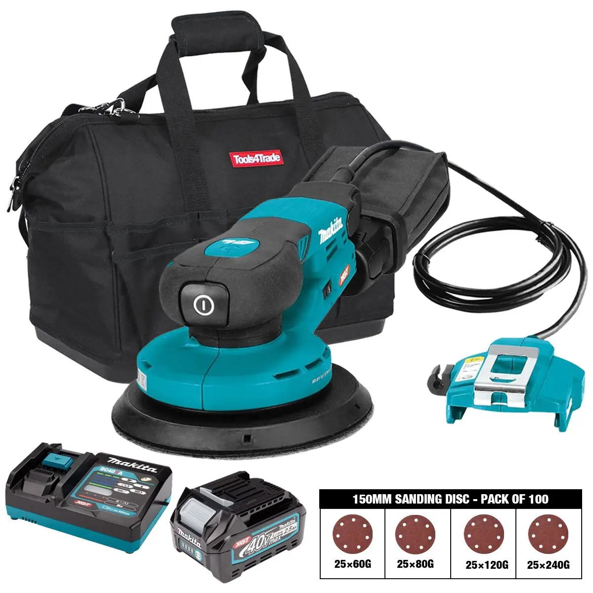 Makita Bo002cgz 40Vmax Xgt 150Mm Brushless Random Orbit Sander With Sanding Disc 60G, 80G, 120G, 240G Pack Of 100 & 1 X 2.5Ah Battery, Charger & Bag 1