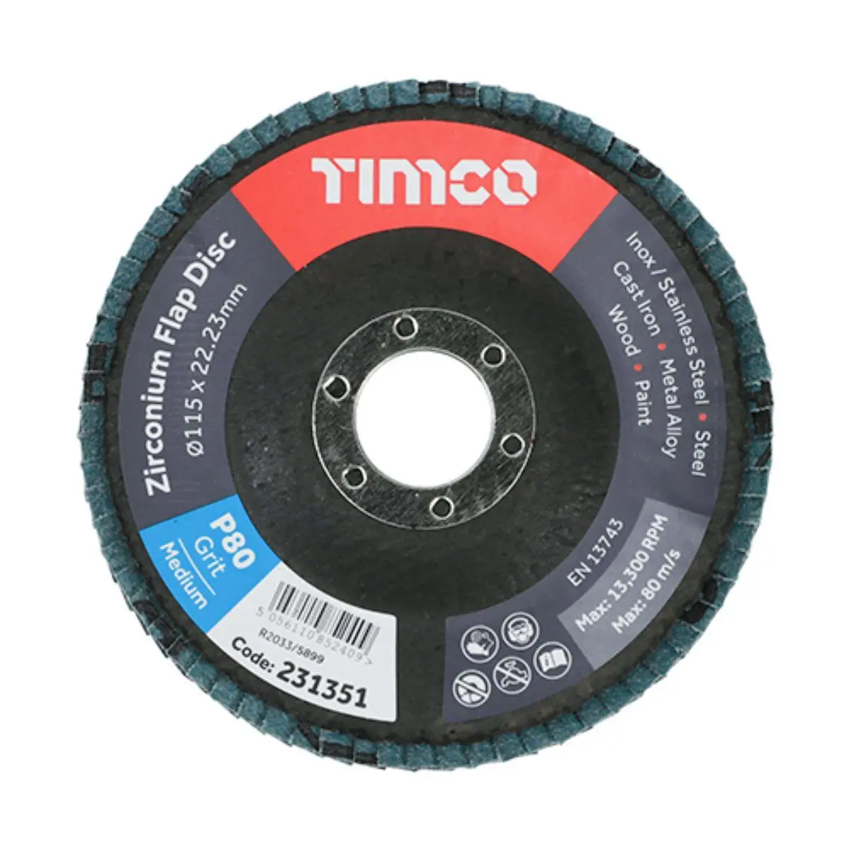 Timco 115Mm Heavy Duty Zirconium Flap Disc P80 Grit - 231351 1