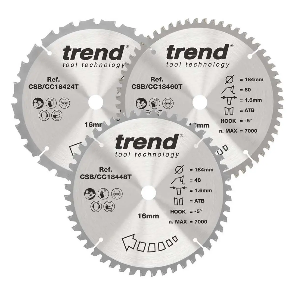 Trend Csb/Cc184/3Pk Craftpro Mixed Triple Pack Mitre Saw Blades 184Mm X 16Mm X 24/48/60T 1