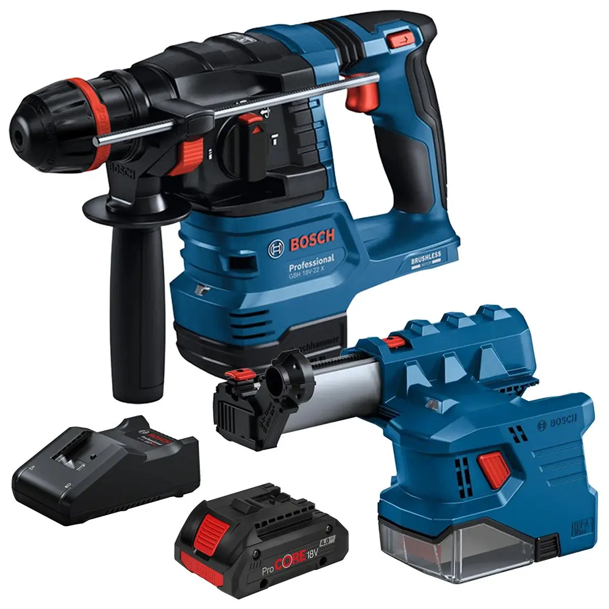 Bosch Gbh 18V-22 X 18V Brushless Sds+ Rotary Hammer With 1 X 4.0Ah Battery, Charger & Gde 18V-12 Dust Extractor Attachment 1