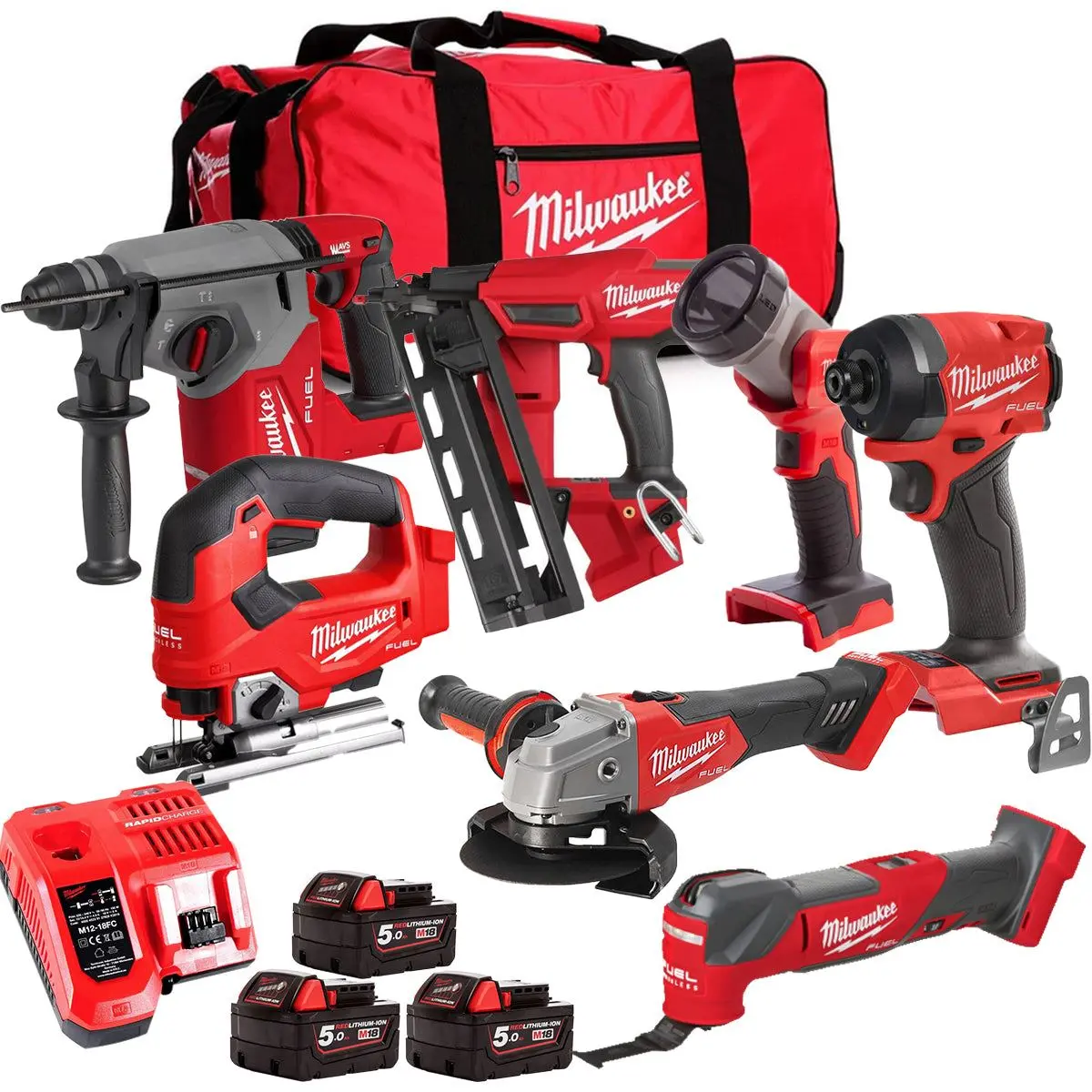Milwaukee M18fpp6l3-503Bk17 18V Brushless 7 Piece Tool Kit With 3 X 5.0Ah Batteries Charger & Wheeled Bag 1
