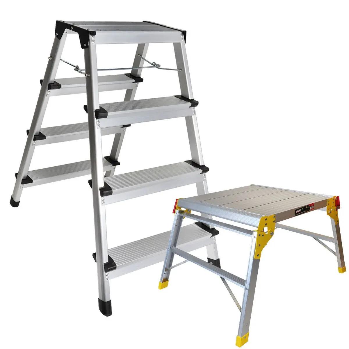 Excel Aluminium Stool Ladder 4 Tread With Work Bench Folding Hop Up 600Mm 1