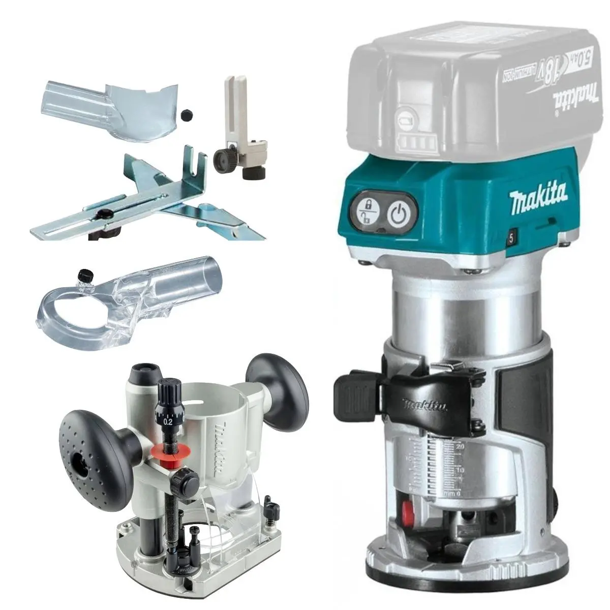 Makita Drt50zx4 18V Lxt Li-Ion Brushless Router Trimmer With Plunge Router Base & Dust Extraction Nozzle Set 1