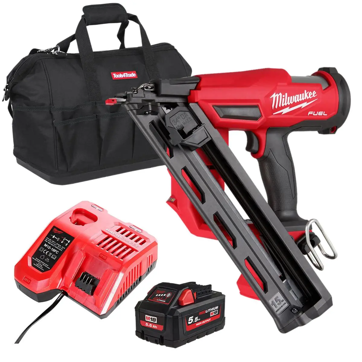 Milwaukee M18fn15ga-0 18V Brushless Angled Finish Nailer 15Ga With 1 X 5.5Ah Battery Charger & Bag 1
