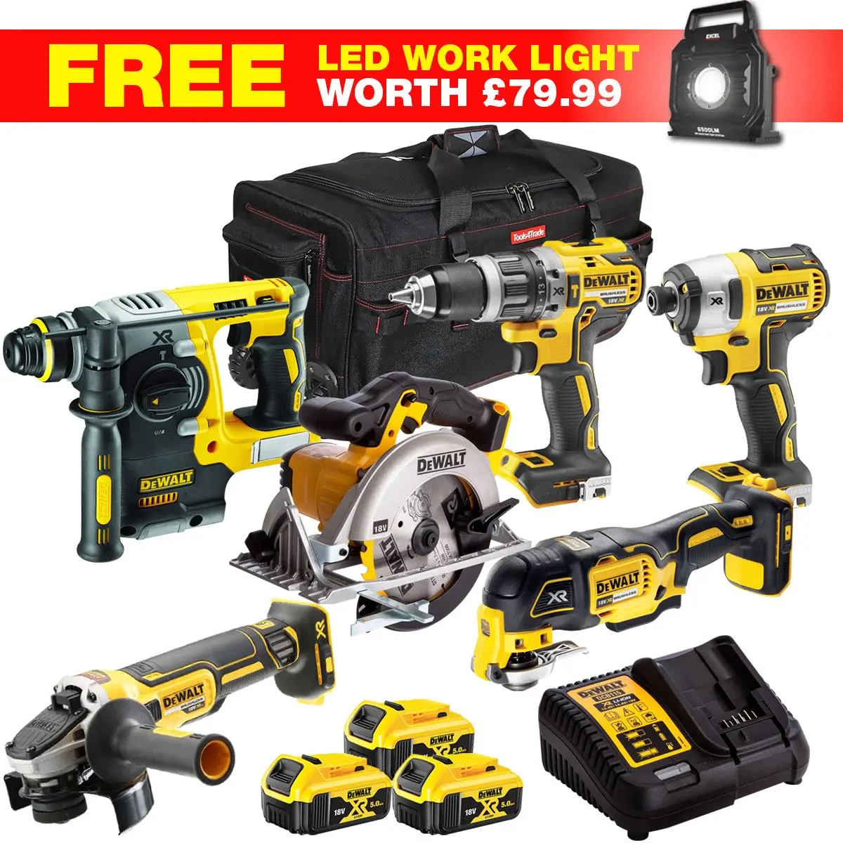 Dewalt Dckt4t6wlf 18V Xr 7 Piece Power Tool Kit With 3 X 5.0Ah Batteries Charger & Bag 1