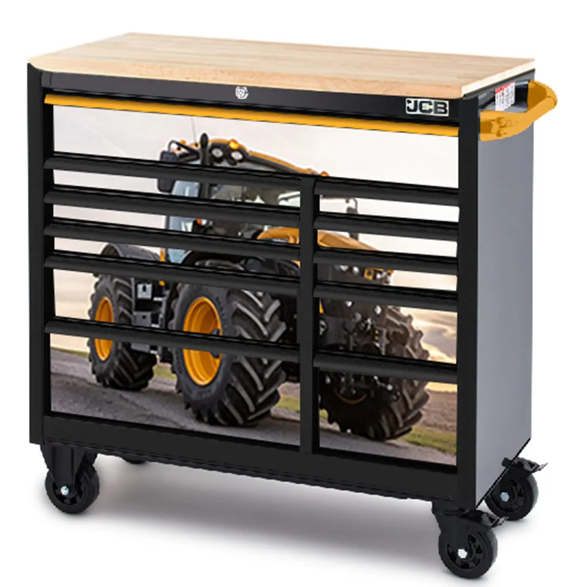 Jcb 42’’ Roller Tool Cabinet, 11 Drawers, Steel With Hardwood Worktop And Fastrac Tractor Wrap Jcbfstrcbb 1