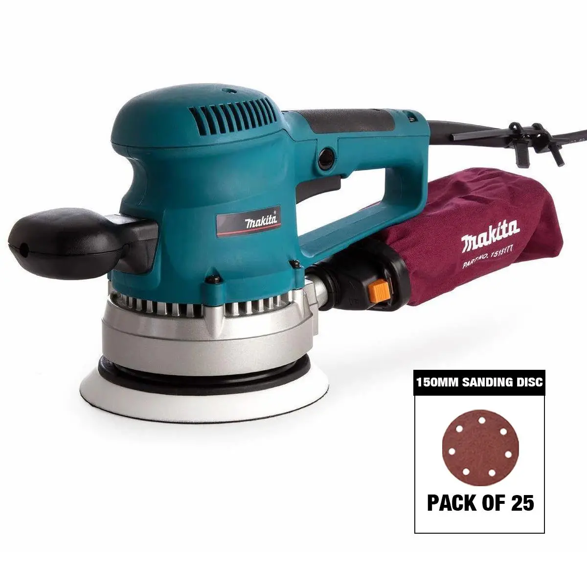 Makita Bo6030/2 150Mm Corded Random Orbit Sander & Dust Bag 240V With Sanding Disc Mix Grit Pack Of 25 1