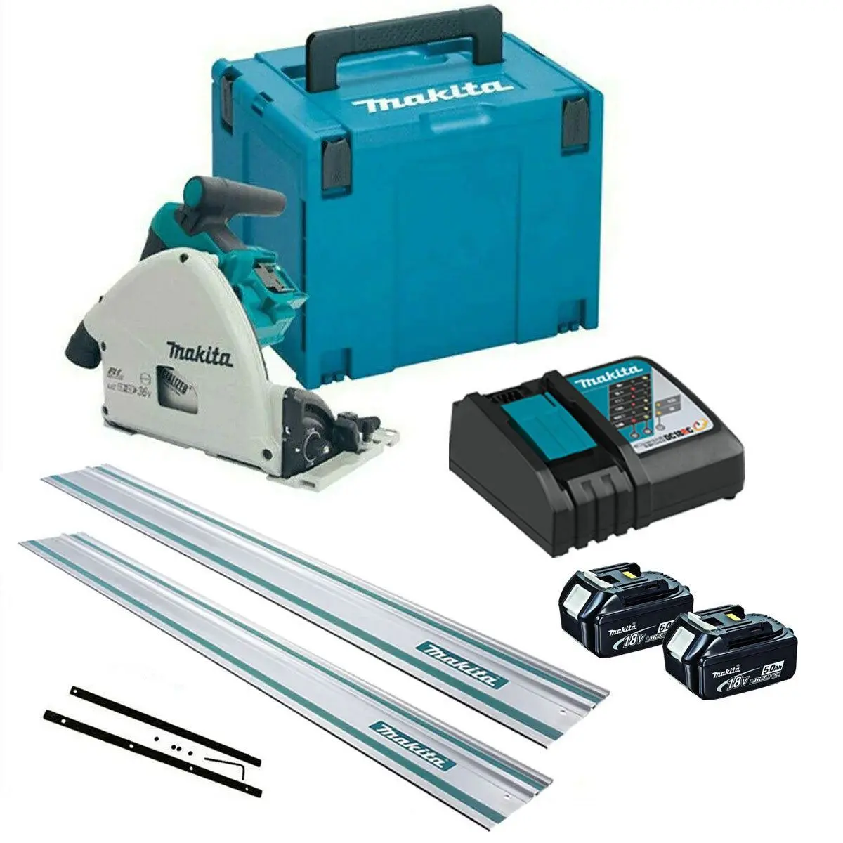 Makita Dsp600tj 36V Brushless Plunge Saw With 2 X 5.0Ah Batteries Charger + 2 X Guide Rail & Connector 1