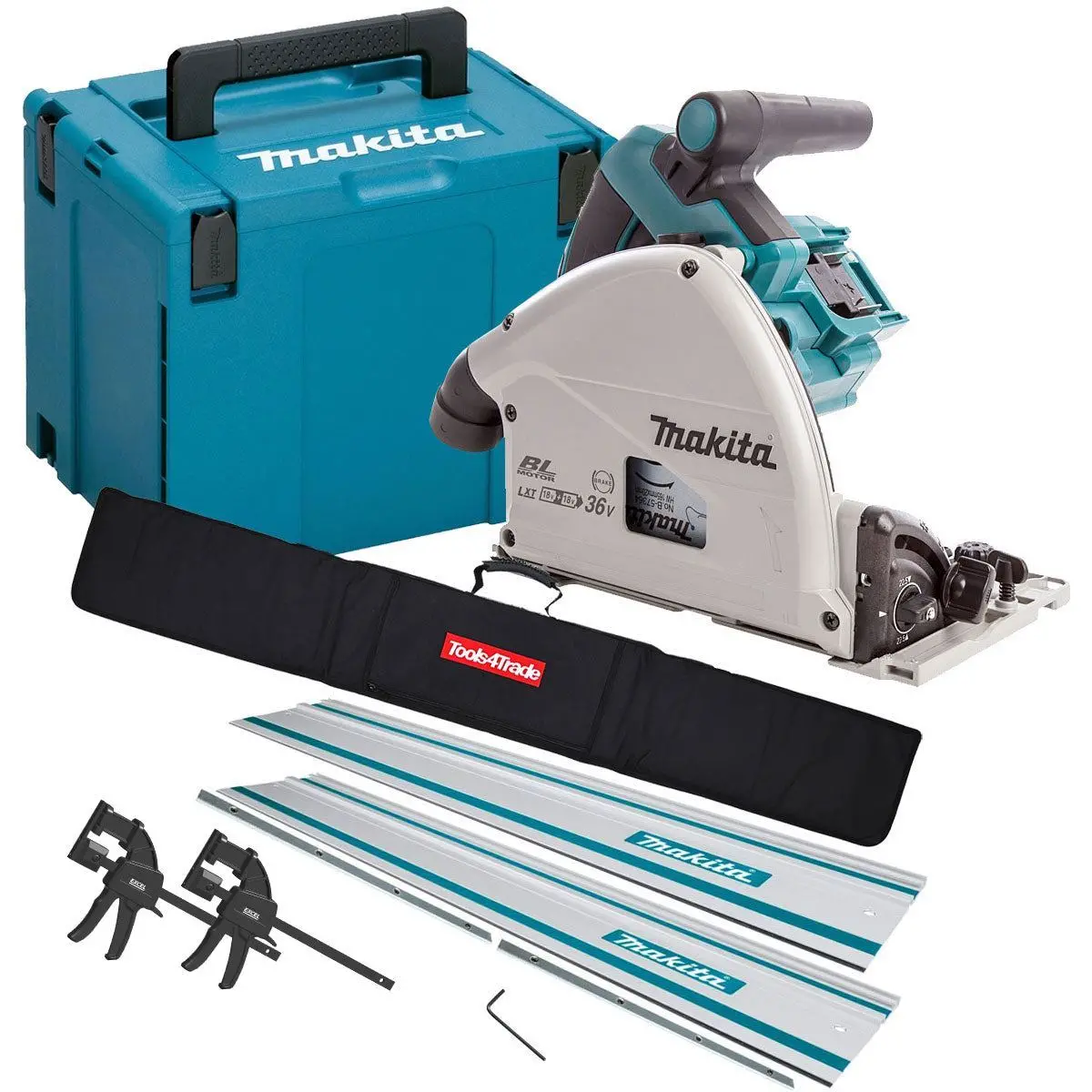 Makita Dsp600zj 36V Brushless Plunge Saw Body Only With 2 X Guide Rail, Connector & Clamp Set 1
