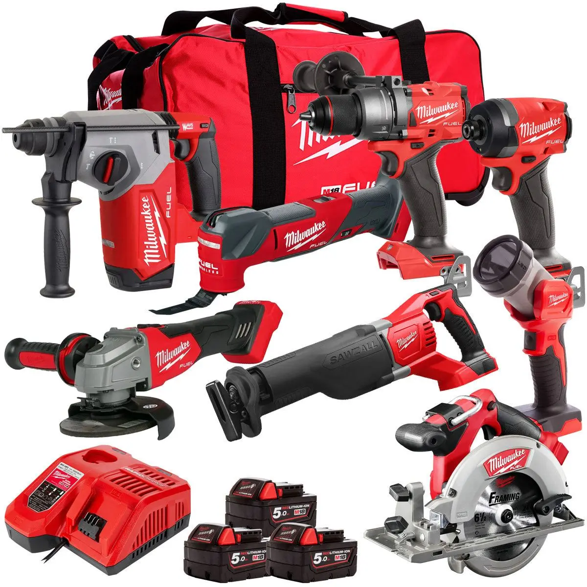 Milwaukee 18V 8 Piece Power Tool Kit With 3 X 5.0Ah Batteries T4tm-21 1