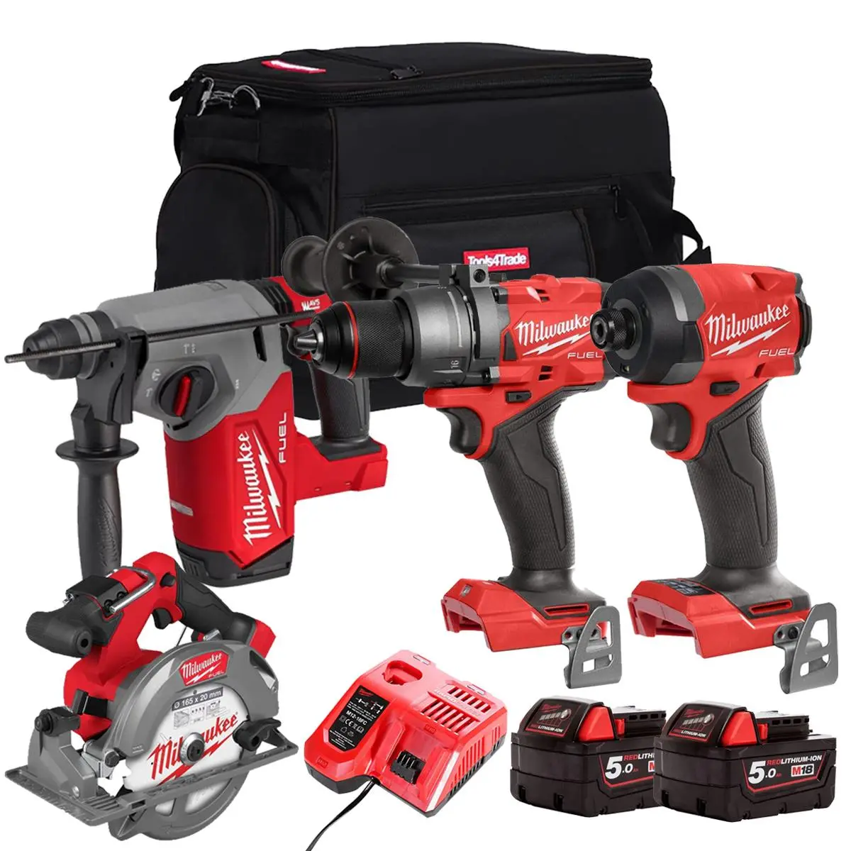 Milwaukee M18fpp11z-502B 18V Brushless 4 Piece Power Tool Kit With 2 X 5.0Ah Batteries Charger & Bag 1