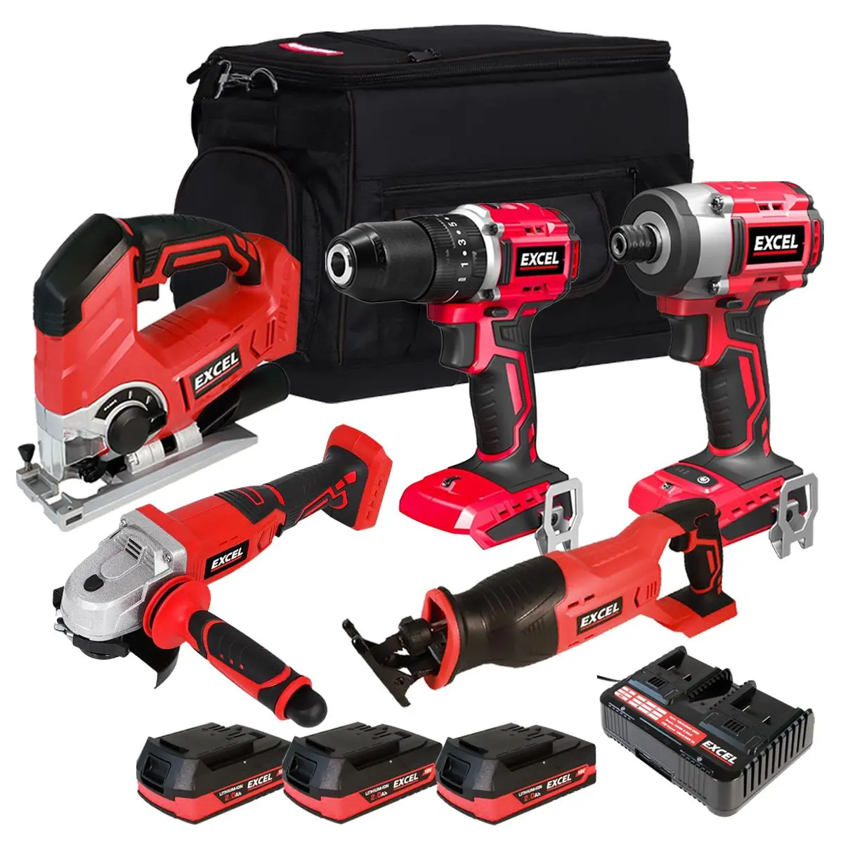 Excel 18V Cordless 5 Piece Tool Kit With 3 X 2.0Ah Battery & Charger 1