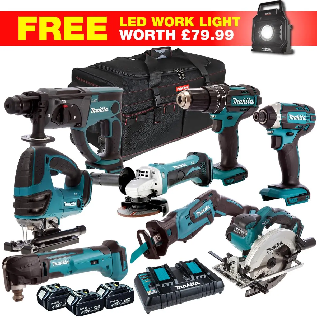 Makita 18V 9 Piece Combo Kit With 3 X 5.0Ah Batteries & Charger T4tkit-27803 1