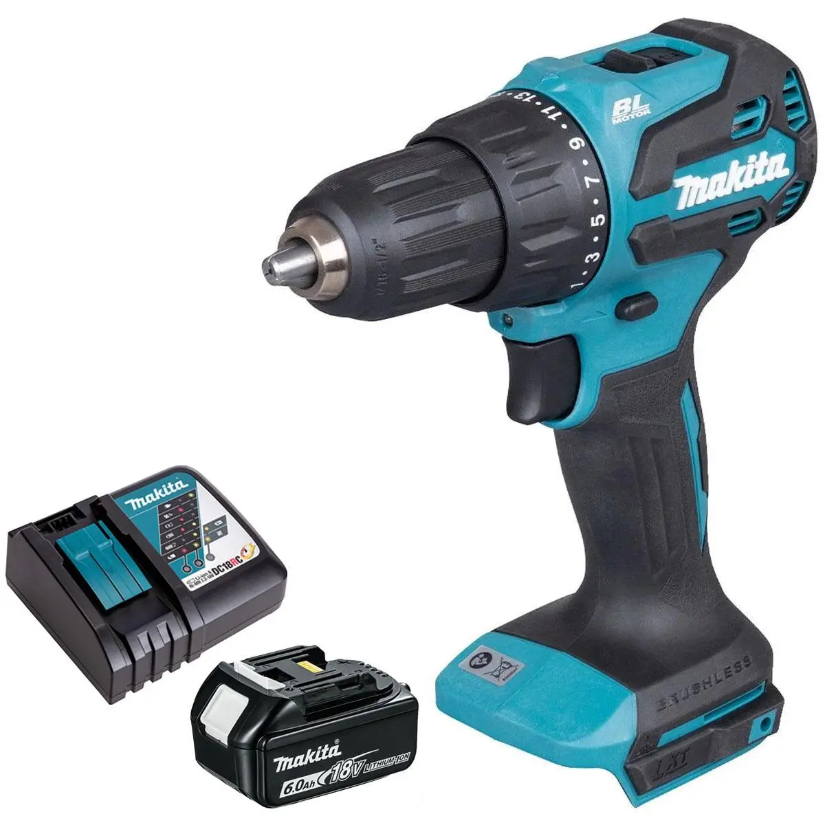 Makita Dhp490z 18V Lxt Li-Ion Brushless Combi Drill With 1 X 6.0Ah Battery & Charger 1