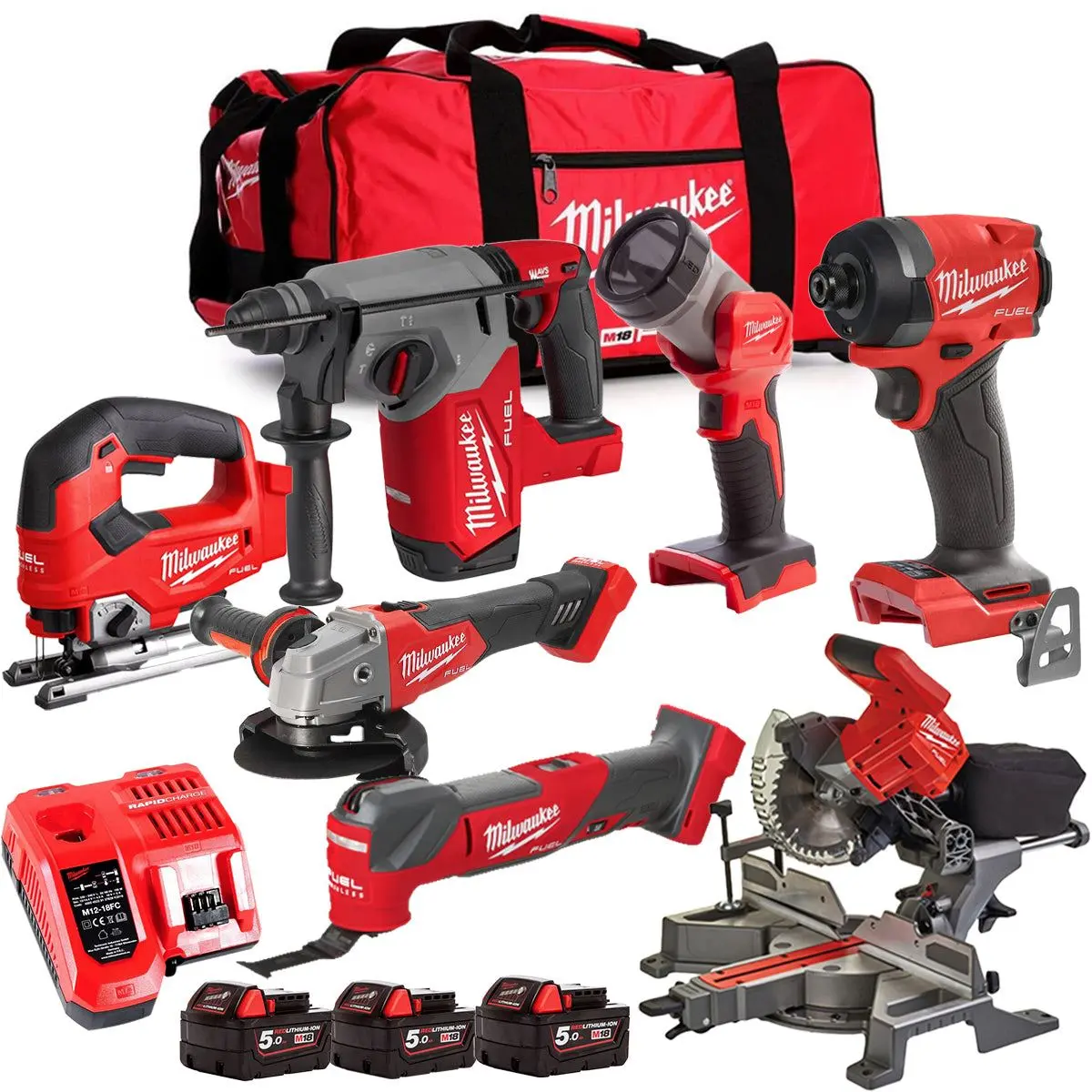 Milwaukee M18fpp6l3-503Bk25 18V Brushless 7 Piece Tool Kit With 3 X 5.0Ah Batteries Charger & Wheeled Bag 1