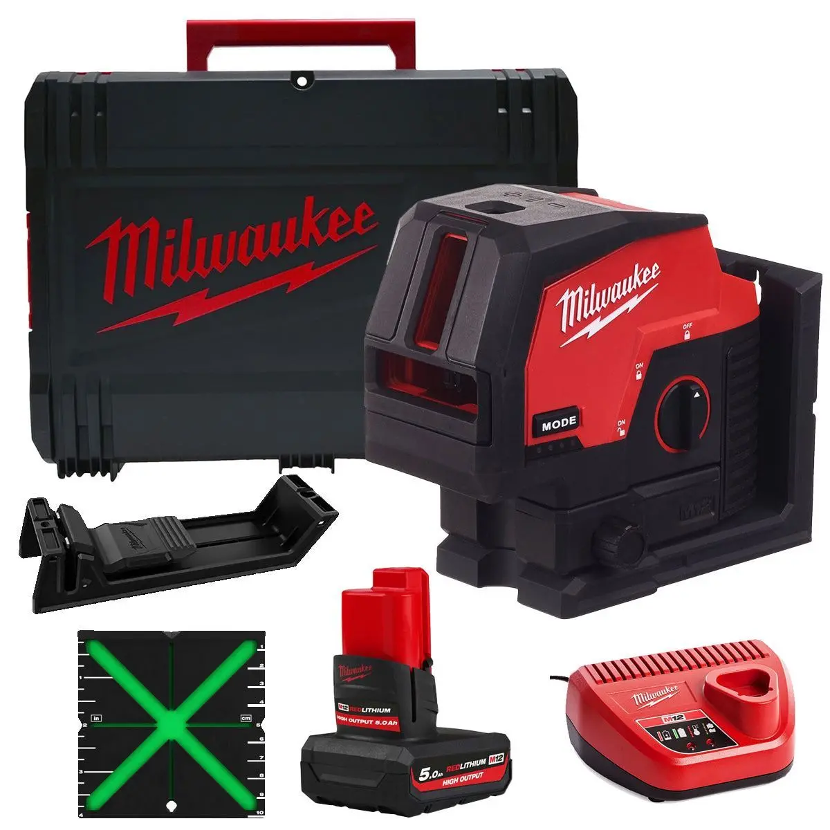 Milwaukee M12cllp-0 12V Green Cross Line 2 Plane Laser 360° With 1 X 5.0Ah Battery Charger & Case 1