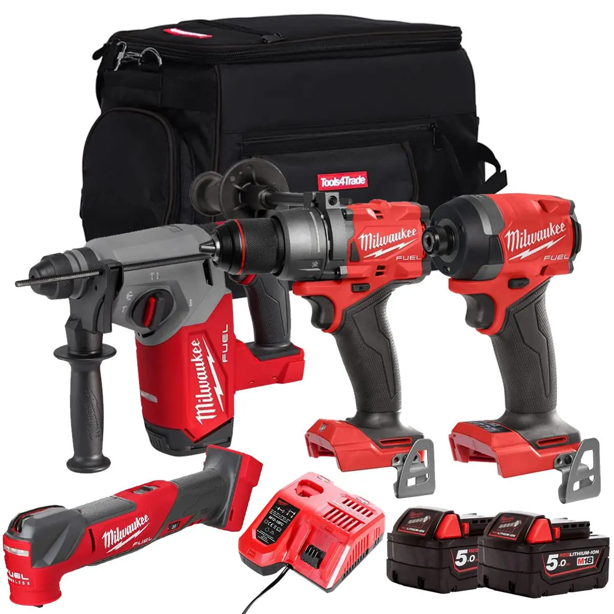 Milwaukee M18fpp9z-502B 18V Brushless 4 Piece Power Tool Kit With 2 X 5.0Ah Batteries Charger & Bag 1