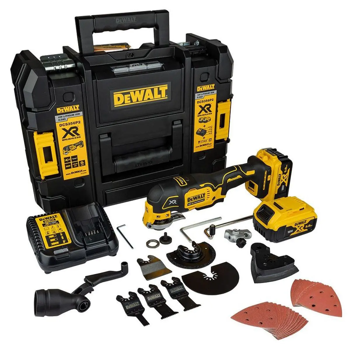 Dewalt Dcs356p2-Gb 18V Xr Brushless Oscillating Multi-Tool With 2 X 5.0Ah Battery Charger & Case 1