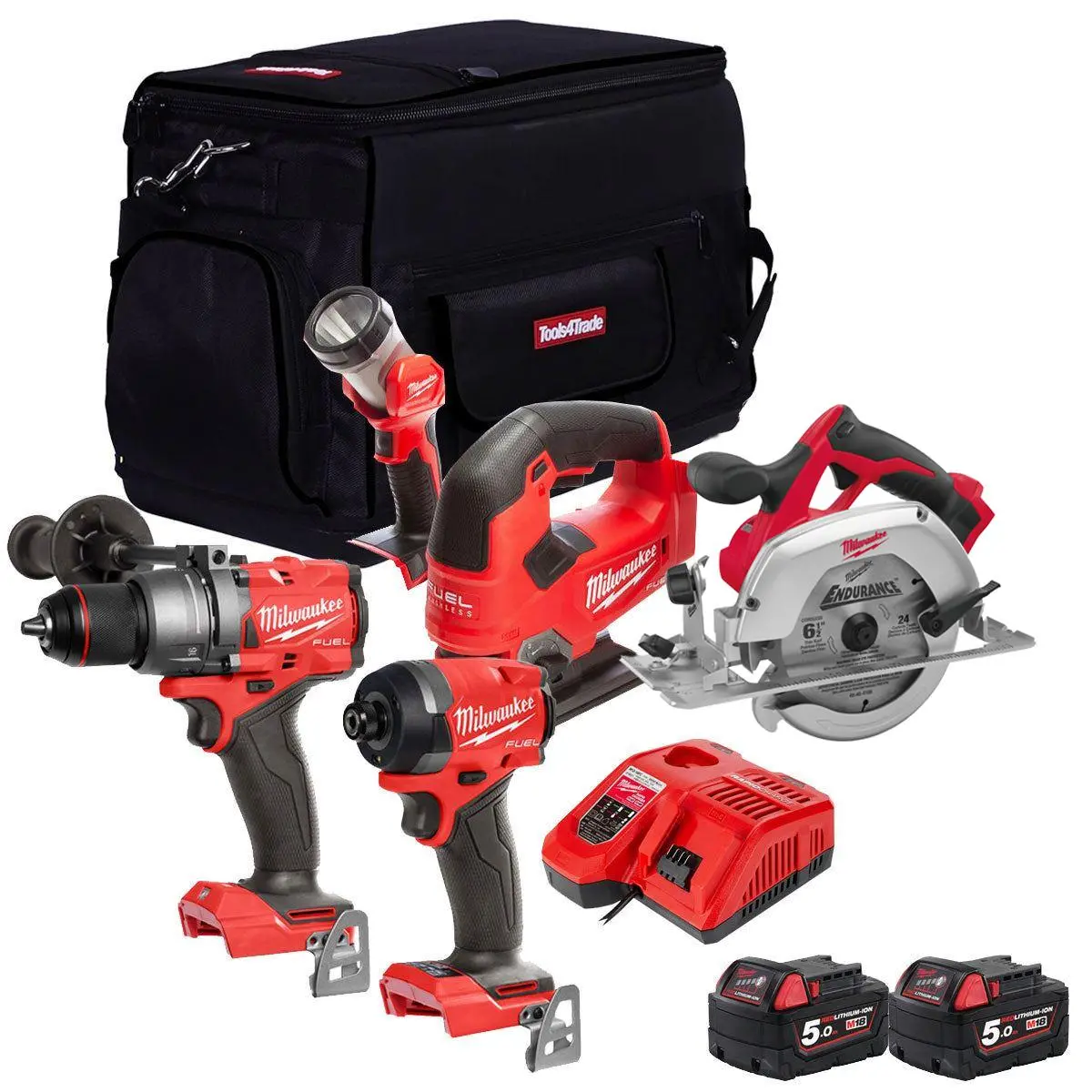 Milwaukee M18fpp5l2-503B 18V Fuel 5 Piece Kit With 2 X 5.0Ah Batteries Charger In Bag 4933479904 1