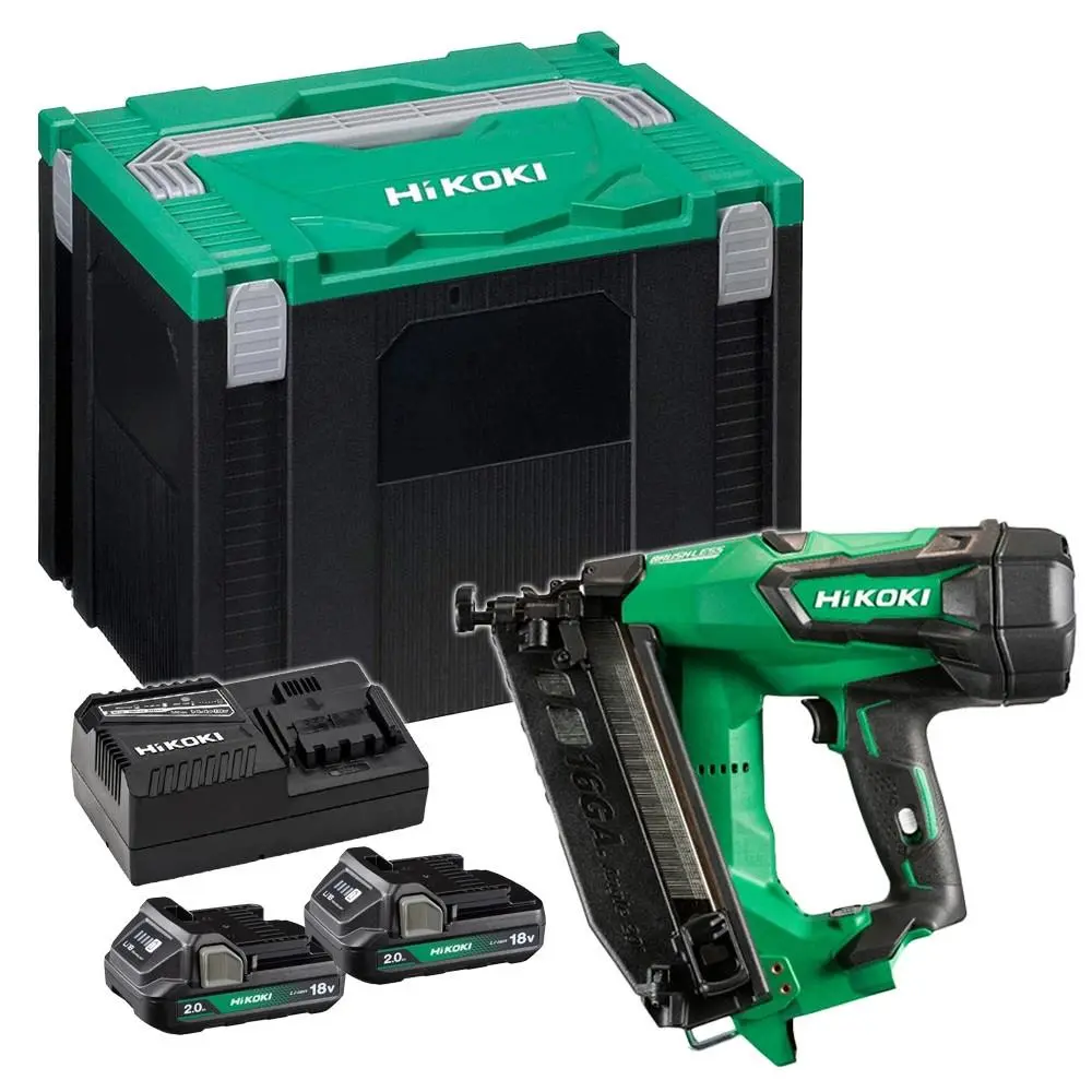 Hikoki Nt1865dmbjyz 18V Brushless 16G Angled Finish Nailer With 2 X 2.0Ah Battery, Charger & Case 1