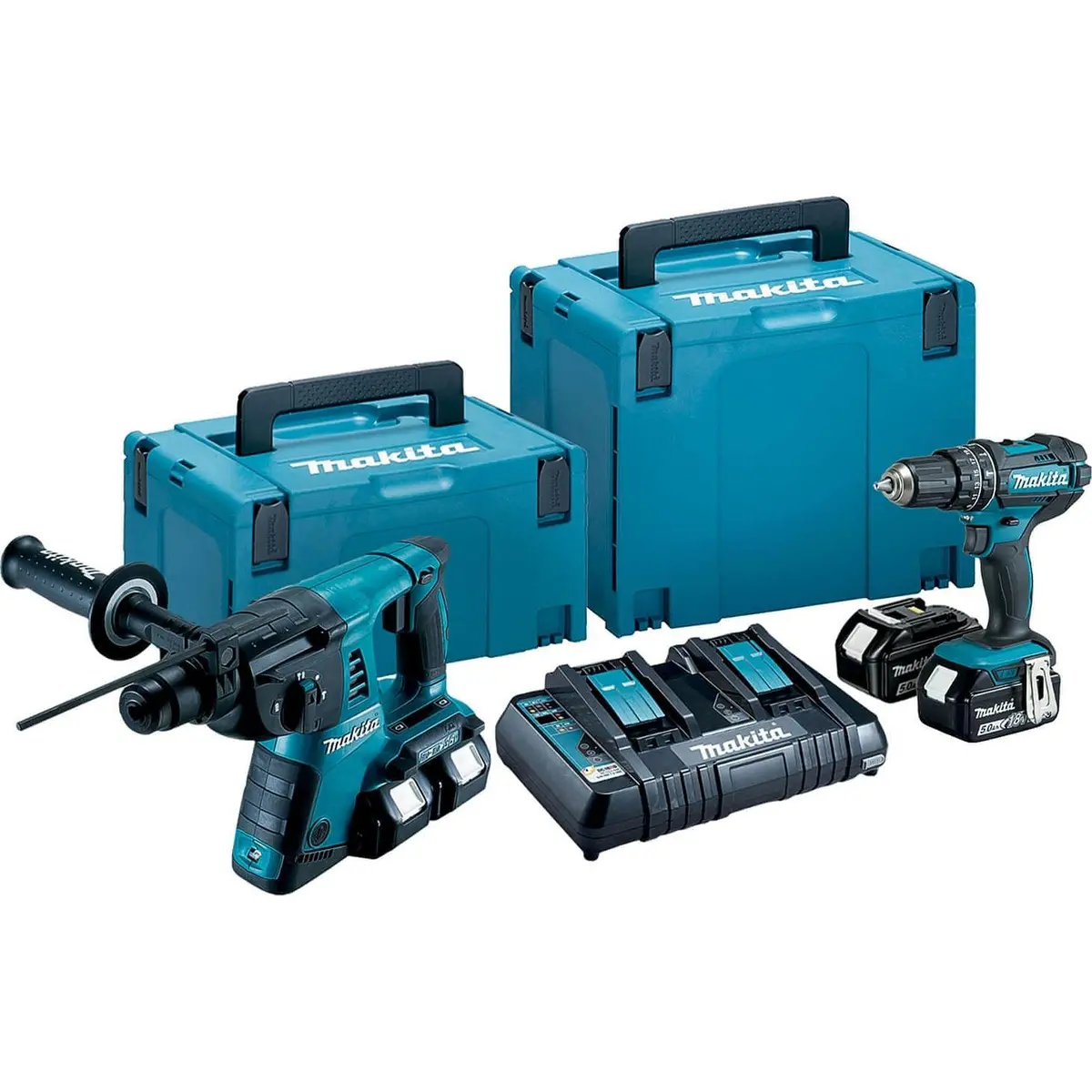 Makita Dlx2137ptj 18V Lxt Combi Drill & Rotary Hammer Drill With 4 X 5.0Ah Batteries, Charger In Case 1