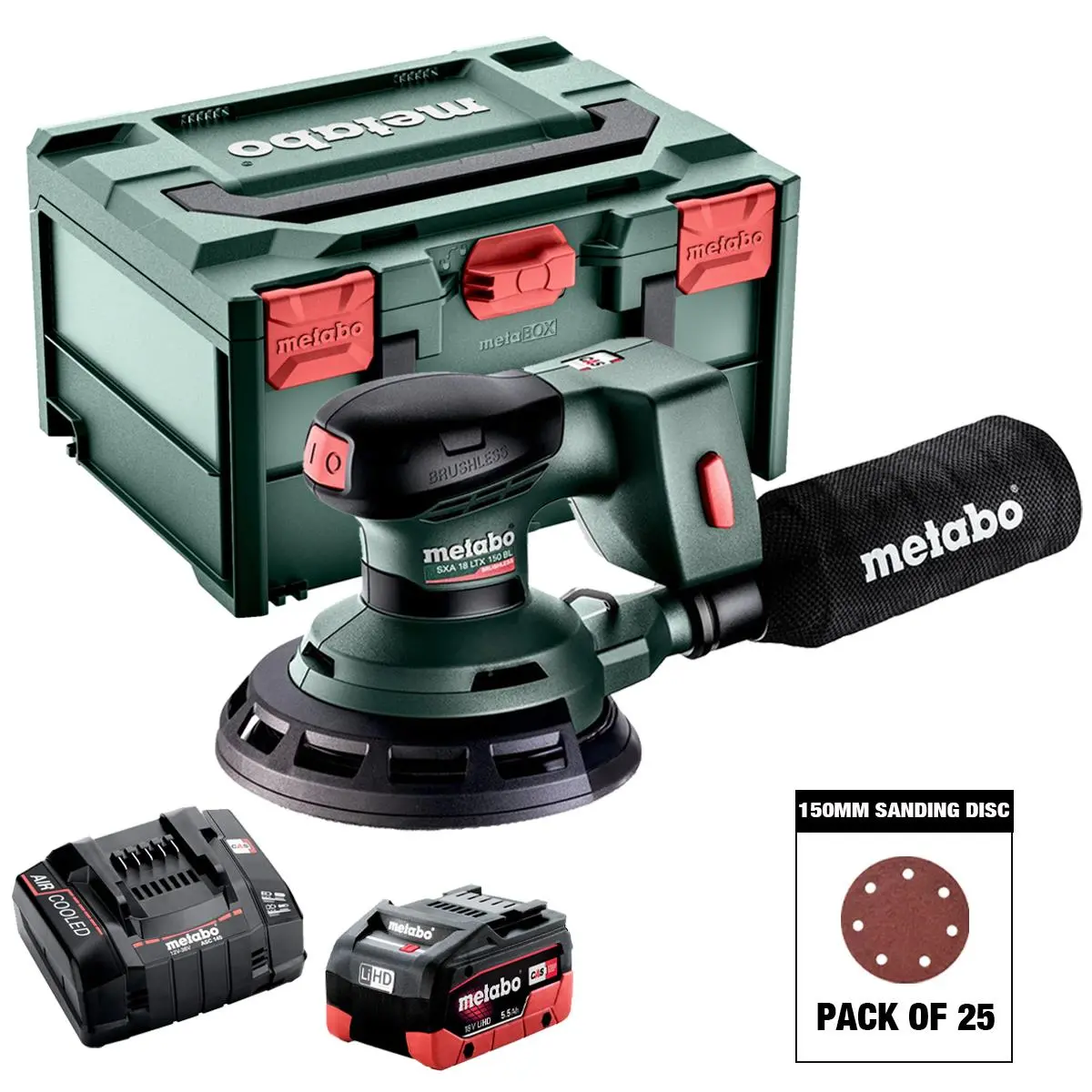Metabo Sxa 18 Ltx 150 Bl 18V Brushless 150Mm Random Orbital Sander With Sanding Disc Mix Grit Pack Of 25 & 1 X 5.5Ah Battery, Charger & Case 1
