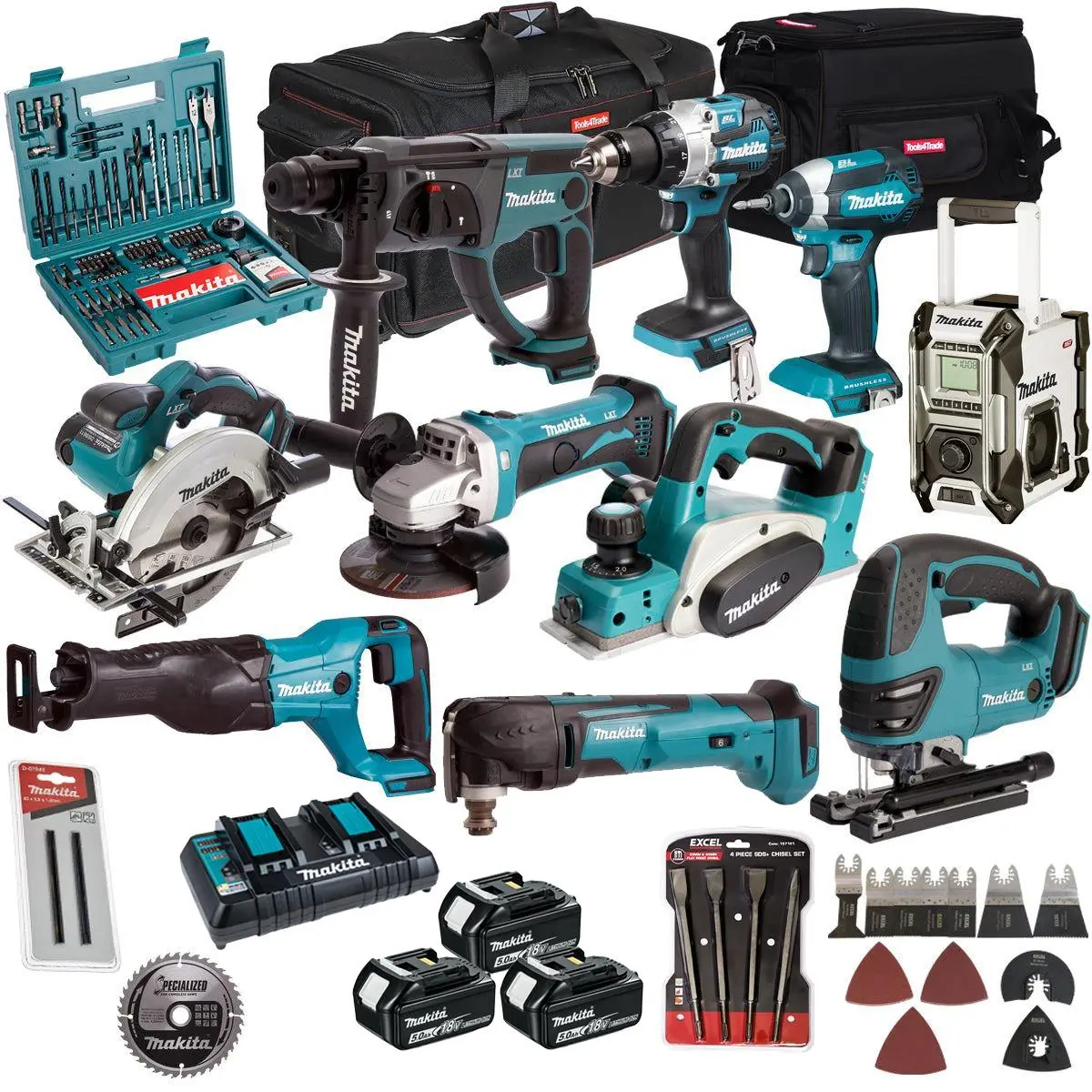 Makita 18V 10 Piece Combo Kit With 3 X 5.0Ah Battery Charger & Accessories Set T4tkit-17227 1