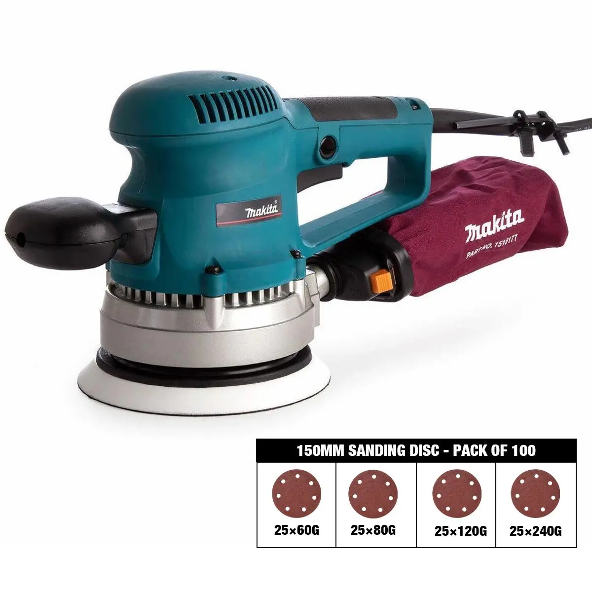 Makita Bo6030/1 150Mm Corded Random Orbit Sander 110V With Sanding Disc 60G, 80G, 120G, 240G Pack Of 100 1