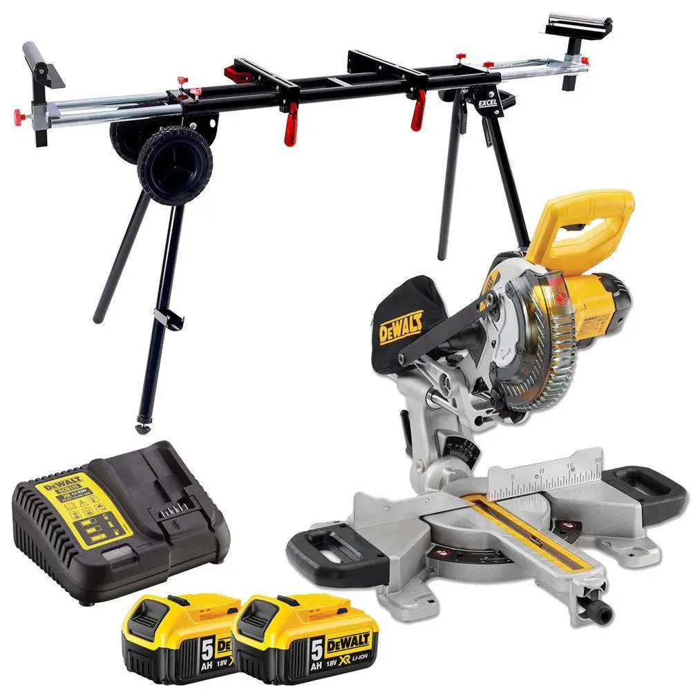 Dewalt Dcs365n 18V Xr Cordless 184Mm Slide Mitre Saw With 2 X 5.0Ah Batteries & Charger + Leg Stand 1