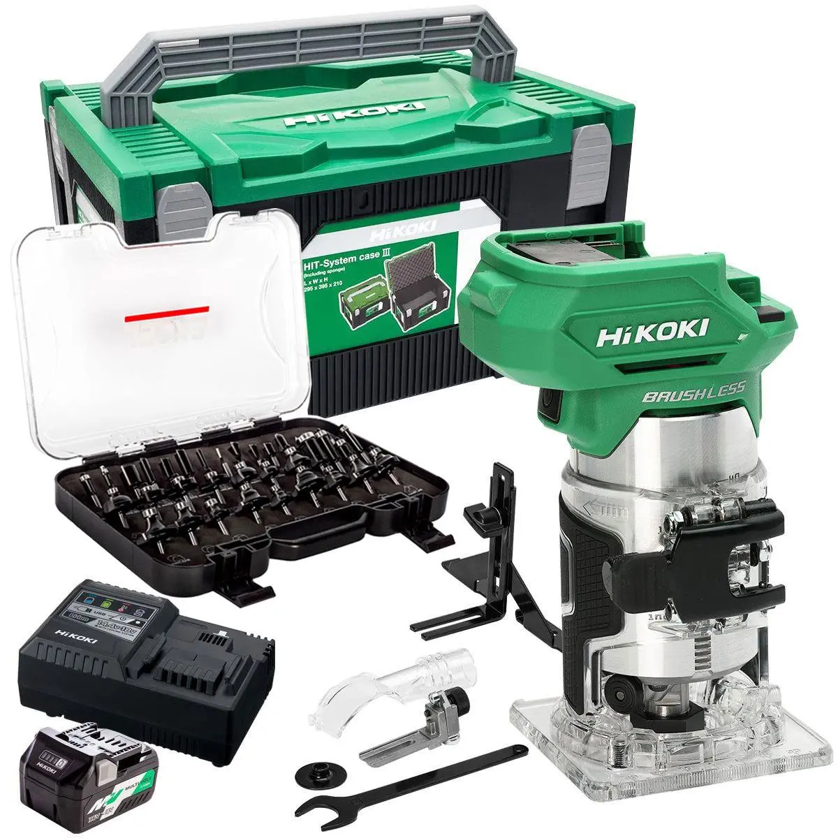 Hikoki M1808daj2z 18V 1/4" Brushless Router Trimmer With 1 X 2.5Ah/5.0Ah Battery Charger & 35 Piece Cutter Set 1