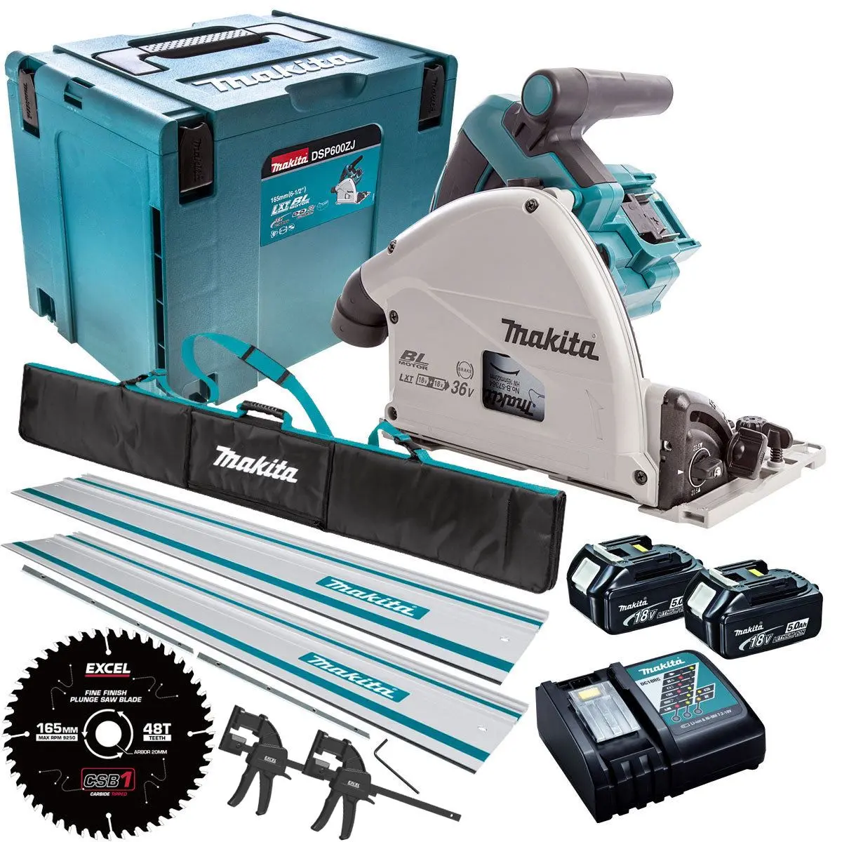 Makita Dsp600tj 36V Brushless Plunge Saw Set 2 X 5.0Ah Batteries With Blade & Accessories 1