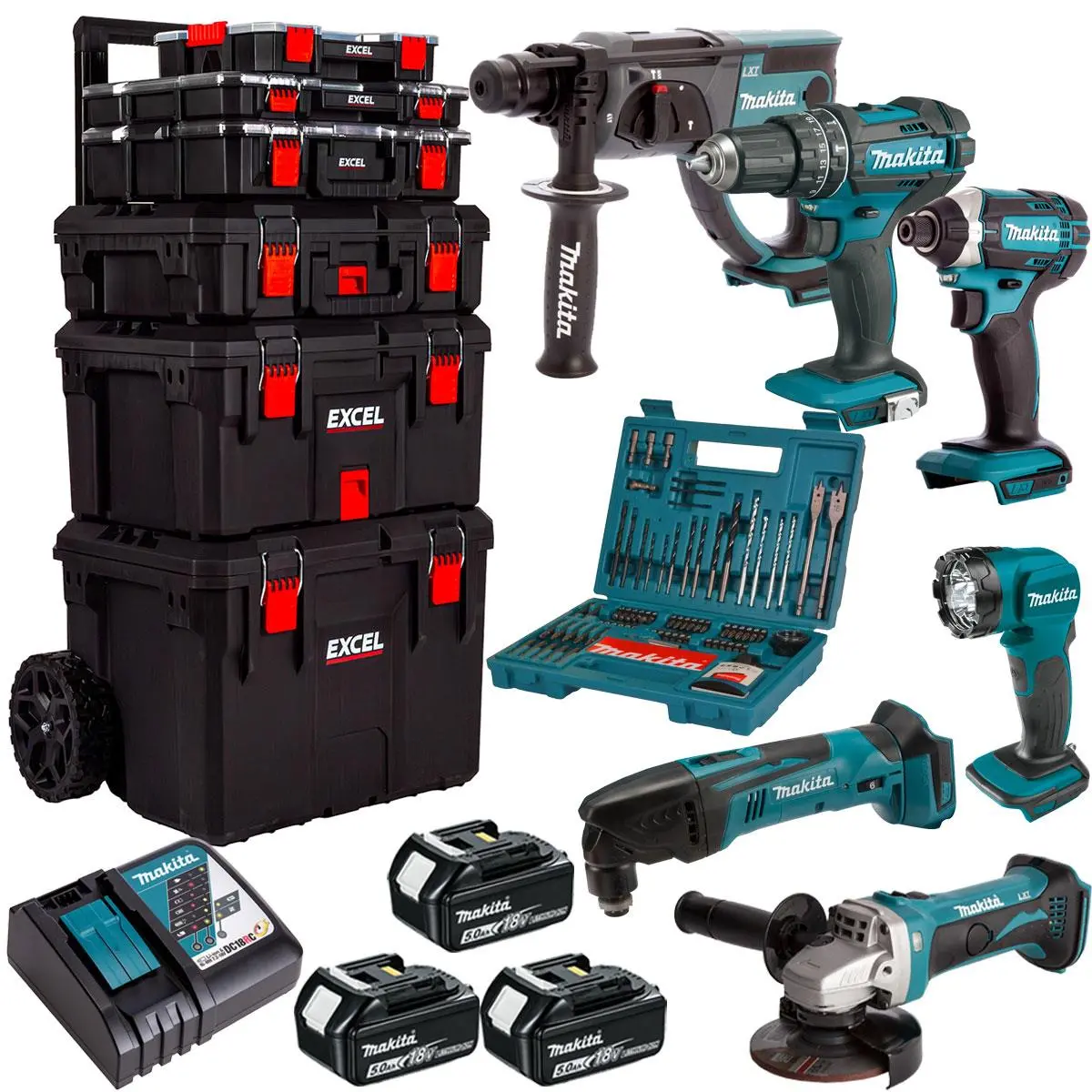 Makita 18V 6 Piece Power Tool Kit With 3 X 5.0Ah Batteries & 100 Accessory Set & Trolley Toolbox 1