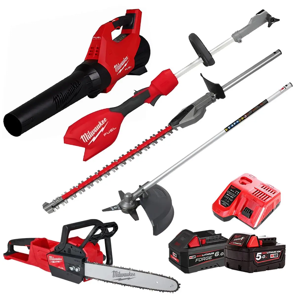 Milwaukee M18 18V 3 Piece Gardening Tool Kit With Hedge Trimmer & Brush Cutter Attachment 2 X Batteries & Charger T4tkit-29520 1